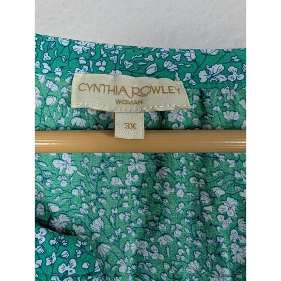 Cynthia Rowley Women's Green Floral White Flowers Ruffle Bottom Blouse 3X 173 - Picture 3 of 6